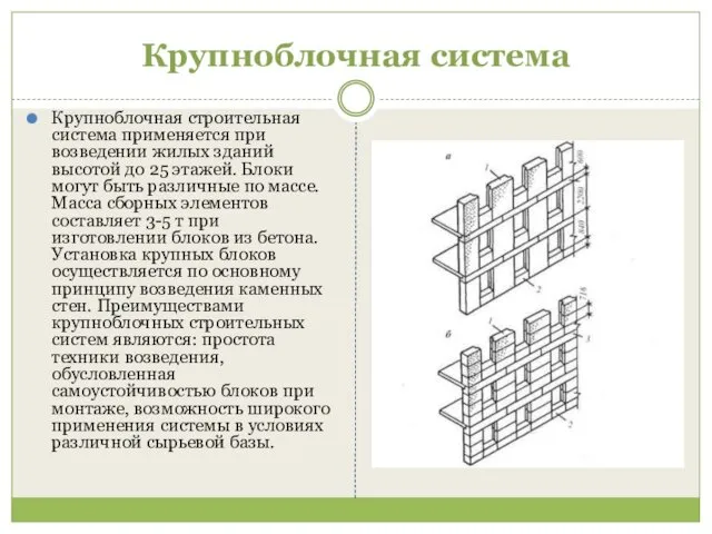 Крупноблочная система Крупноблочная строительная система применяется при возведении жилых зданий высотой до 25