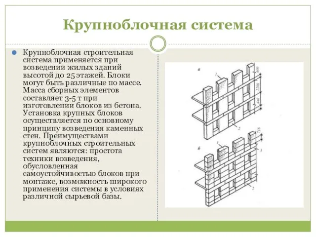 Крупноблочная система Крупноблочная строительная система применяется при возведении жилых зданий