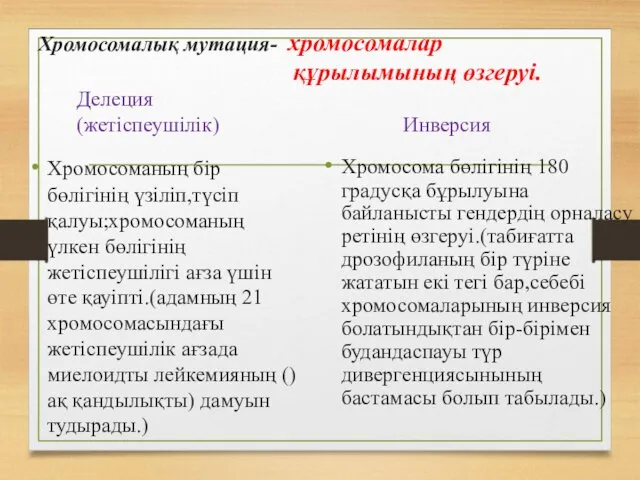 Хромосомалық мутация- хромосомалар құрылымының өзгеруі. Делеция (жетіспеушілік) Хромосоманың бір бөлігінің