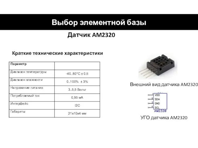 Выбор элементной базы Датчик AM2320 Краткие технические характеристики Внешний вид датчика AM2320 УГО датчика AM2320