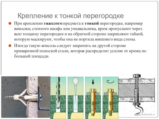 Крепление к тонкой перегородке При креплении тяжелого предмета к тонкой перегородке, например вешалки,