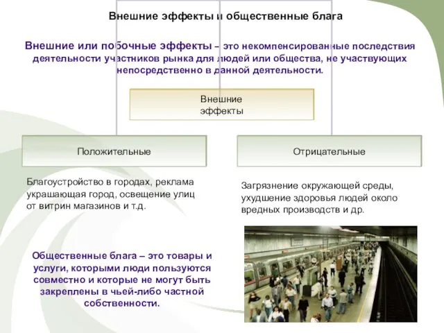 Внешние эффекты и общественные блага Внешние или побочные эффекты –