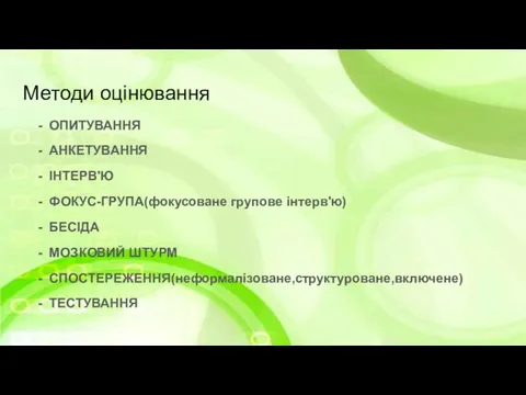 Методи оцiнювання ОПИТУВАННЯ АНКЕТУВАННЯ IНТЕРВ'Ю ФОКУС-ГРУПА(фокусоване групове інтерв'ю) БЕСIДА МОЗКОВИЙ ШТУРМ СПОСТЕРЕЖЕННЯ(неформалiзоване,структуроване,включене) ТЕСТУВАННЯ