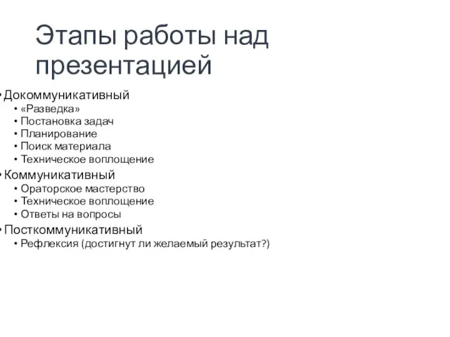 Этапы работы над презентацией Докоммуникативный «Разведка» Постановка задач Планирование Поиск