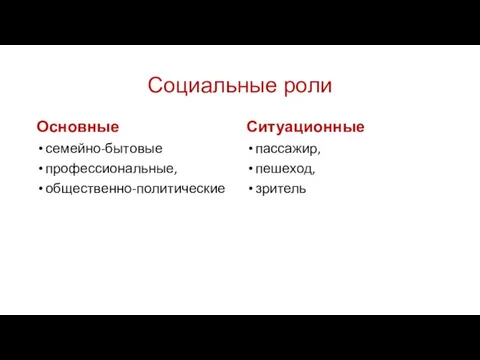 Социальные роли Основные семейно-бытовые профессиональные, общественно-политические Ситуационные пассажир, пешеход, зритель