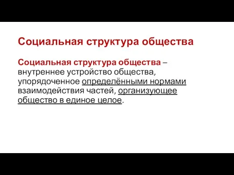 Социальная структура общества Социальная структура общества – внутреннее устройство общества,