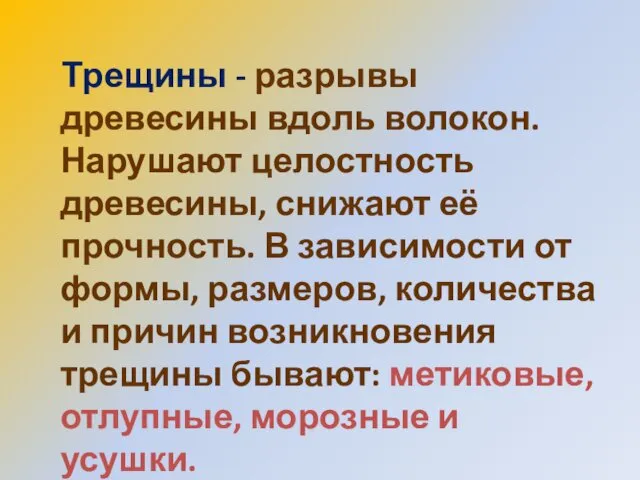 Трещины - разрывы древесины вдоль волокон. Нарушают целостность древесины, снижают