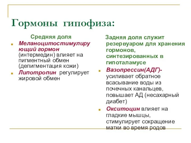 Гормоны гипофиза: Средняя доля Меланоцитостимулирующий гормон (интермедин) влияет на пигментный