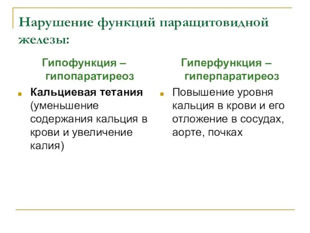 Нарушение функций паращитовидной железы: Гипофункция – гипопаратиреоз Кальциевая тетания (уменьшение