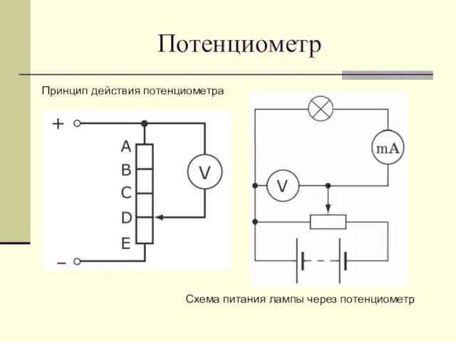 Потенциометр Принцип действия потенциометра Схема питания лампы через потенциометр