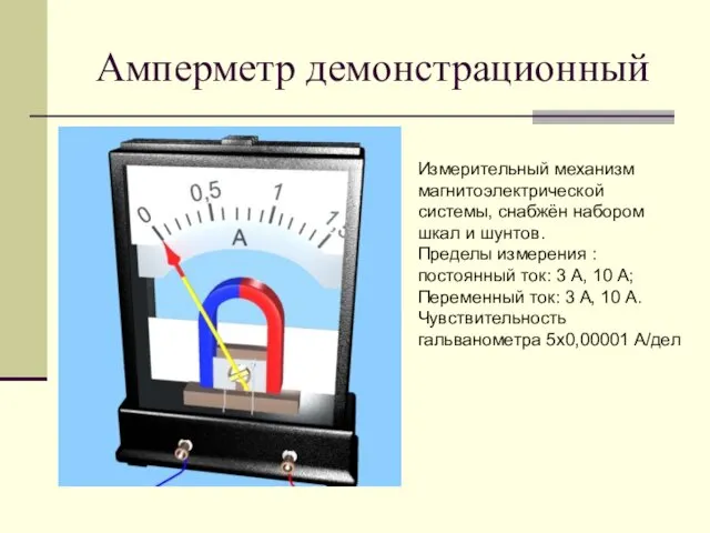 Амперметр демонстрационный Измерительный механизм магнитоэлектрической системы, снабжён набором шкал и