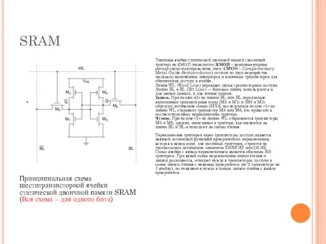 SRAM Принципиальная схема шеститранзисторной ячейки статической двоичной памяти SRAM (Вся схема – для