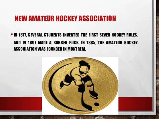 NEW AMATEUR HOCKEY ASSOCIATION IN 1877, SEVERAL STUDENTS INVENTED THE