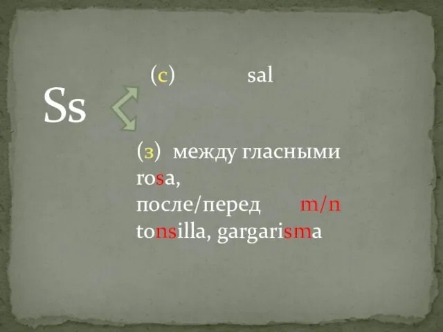 Ss (с) sal (з) между гласными rosa, после/перед m/n tonsilla, gargarisma