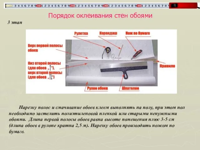 Порядок оклеивания стен обоями 3 этап Нарезку полос и смачивание