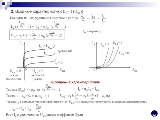 2. Входные характеристики (IЭ= f (UЭБ)) Находим из 1-го уравнения