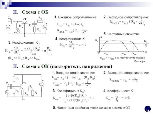 II. Схема с ОБ 1. Входное сопротивление: 2. Выходное сопротивление: