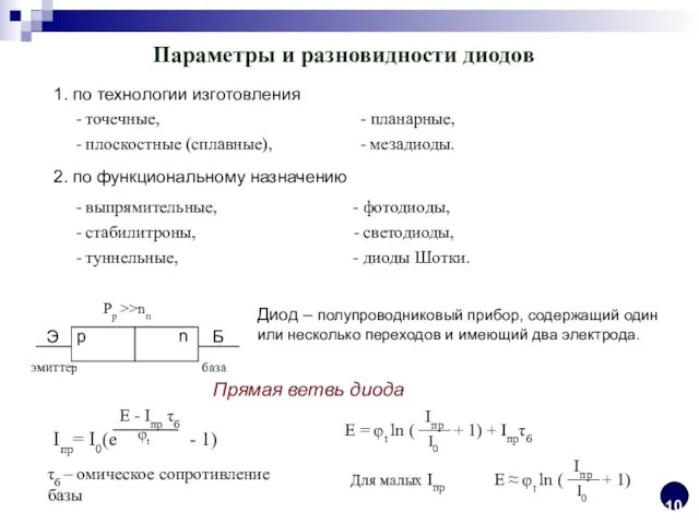 Параметры и разновидности диодов 1. по технологии изготовления - точечные,