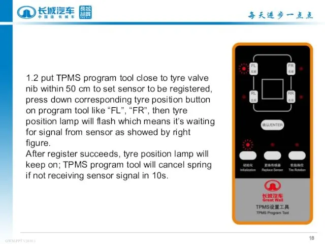 1.2 put TPMS program tool close to tyre valve nib
