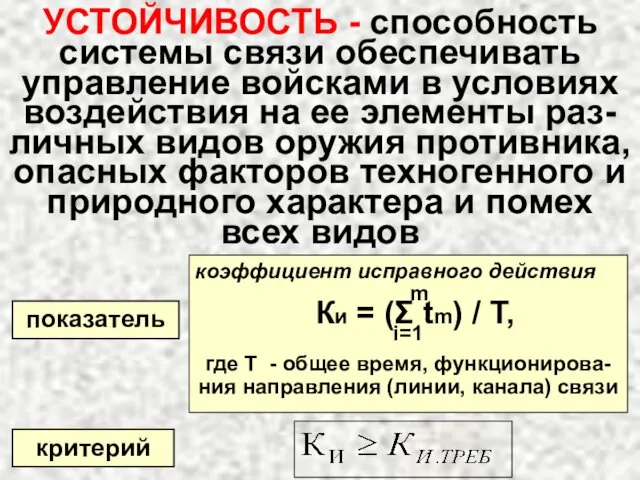 УСТОЙЧИВОСТЬ - способность системы связи обеспечивать управление войсками в условиях