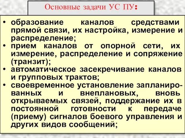 Основные задачи УС ПУ: образование каналов средствами прямой связи, их