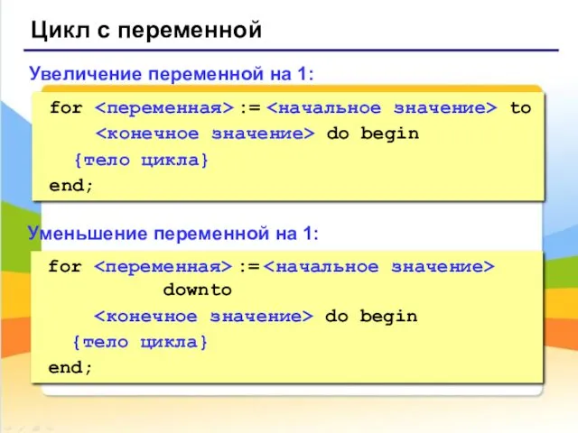 Цикл с переменной for := to do begin {тело цикла}