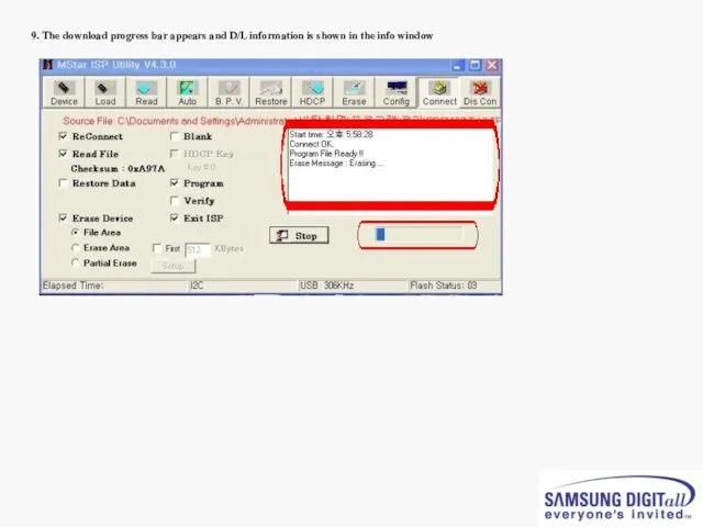 9. The download progress bar appears and D/L information is shown in the info window