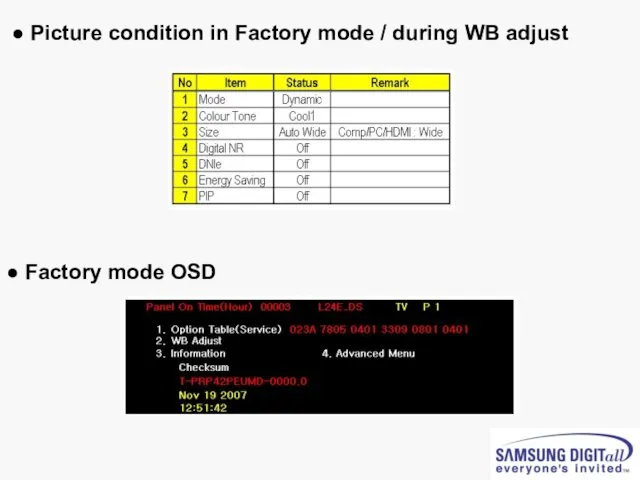 ● Picture condition in Factory mode / during WB adjust ● Factory mode OSD