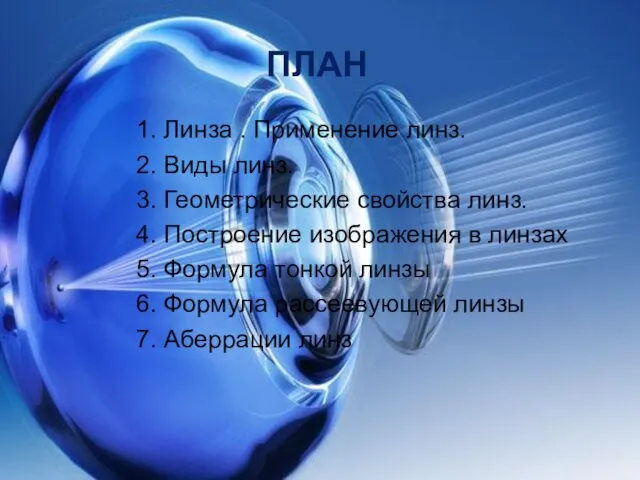 ПЛАН 1. Линза . Применение линз. 2. Виды линз. 3.