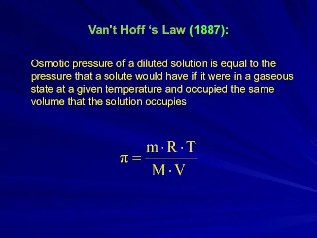 Van't Hoff ‘s Law (1887): Osmotic pressure of a diluted