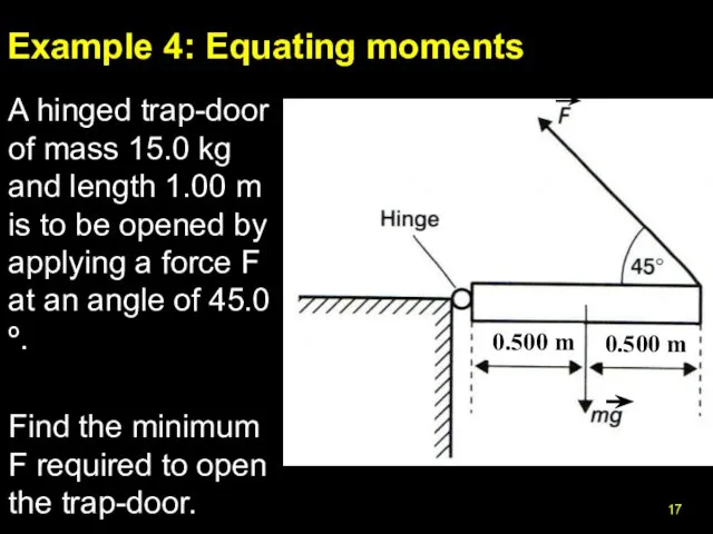Example 4: Equating moments A hinged trap-door of mass 15.0 kg and length