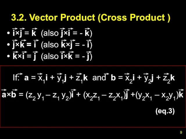 a×b = (z2 y1 – z1 y2)i + (x2z1 – z2x1)j +(y2x1 –