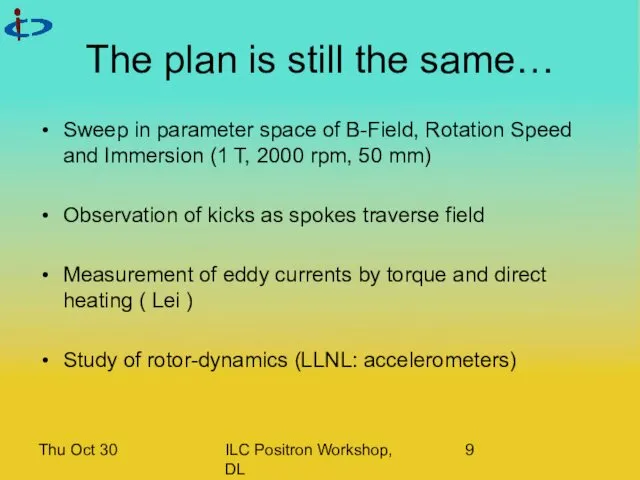 Thu Oct 30 ILC Positron Workshop, DL The plan is still the same…