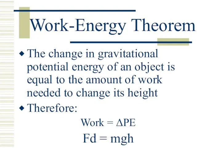 Work-Energy Theorem The change in gravitational potential energy of an