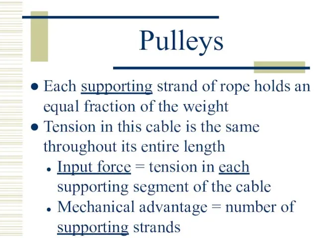 Pulleys Each supporting strand of rope holds an equal fraction of the weight