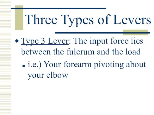 Three Types of Levers Type 3 Lever: The input force lies between the