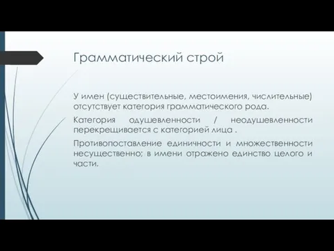 Грамматический строй У имен (существительные, местоимения, числительные) отсутствует категория грамматического