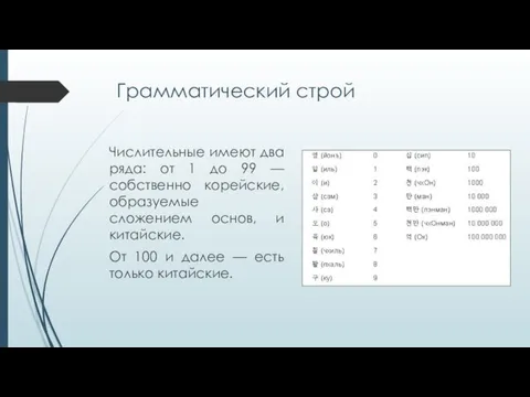 Грамматический строй Числительные имеют два ряда: от 1 до 99