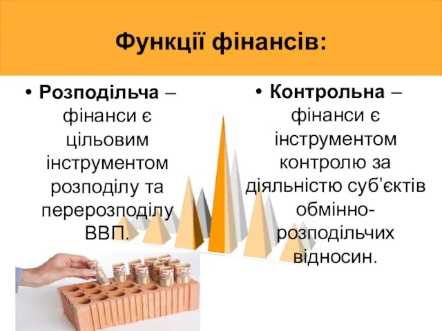 Функції фінансів: Розподільча – фінанси є цільовим інструментом розподілу та