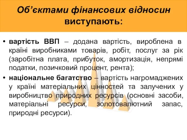 Об’єктами фінансових відносин виступають: вартість ВВП – додана вартість, вироблена