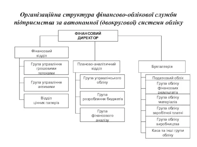 Організаційна структура фінансово-облікової служби підприємства за автономної (двокругової) системи обліку