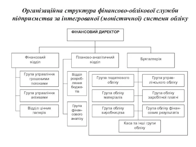 Організаційна структура фінансово-облікової служби підприємства за інтегрованої (моністичної) системи обліку