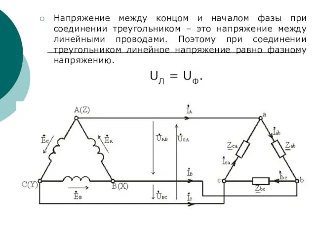 Напряжение между концом и началом фазы при соединении треугольником –