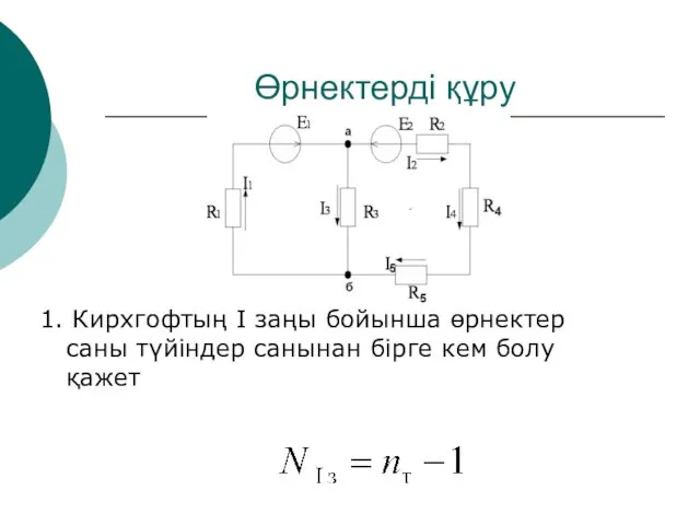 Өрнектерді құру 1. Кирхгофтың I заңы бойынша өрнектер саны түйіндер санынан бірге кем болу қажет