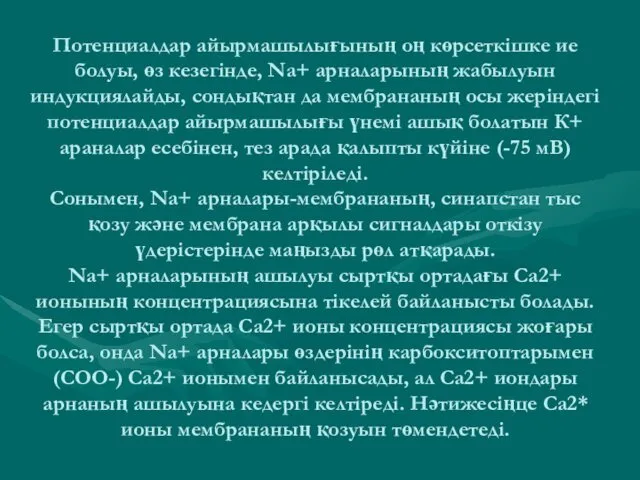 Потенциалдар айырмашылығының оң көрсеткішке ие болуы, өз кезегінде, Na+ арналарының