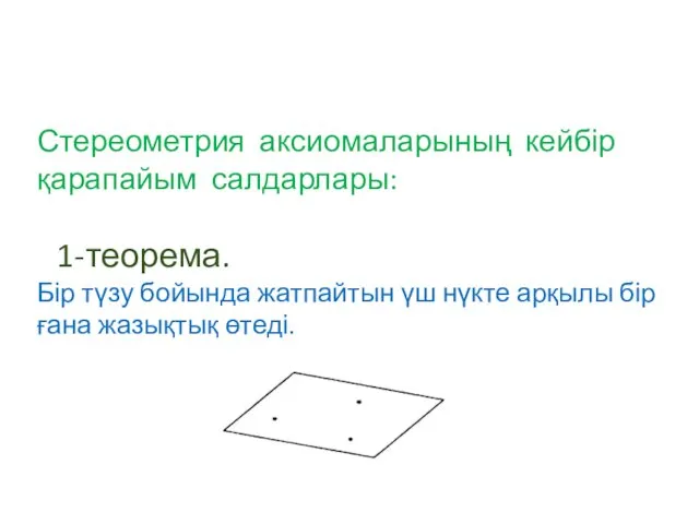 Стереометрия аксиомаларының кейбір қарапайым салдарлары: 1-теорема. Бір түзу бойында жатпайтын