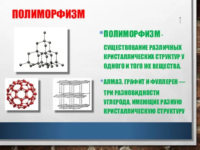 ПОЛИМОРФИЗМ ПОЛИМОРФИЗМ - СУЩЕСТВОВАНИЕ РАЗЛИЧНЫХ КРИСТАЛЛИЧЕСКИХ СТРУКТУР У ОДНОГО И