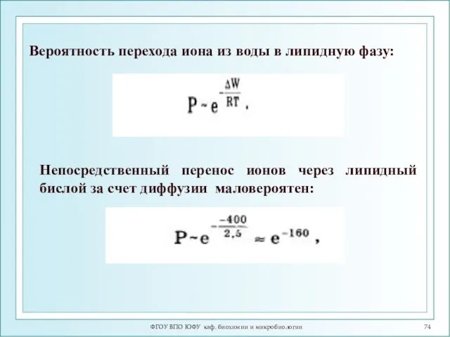 ФГОУ ВПО ЮФУ каф. биохимии и микробиологии Вероятность перехода иона