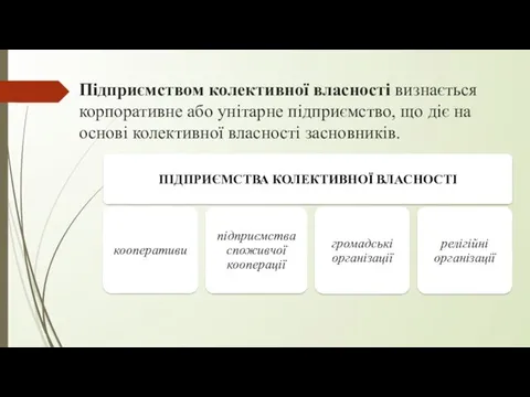 Підприємством колективної власності визнається корпоративне або унітарне підприємство, що діє на основі колективної власності засновників.