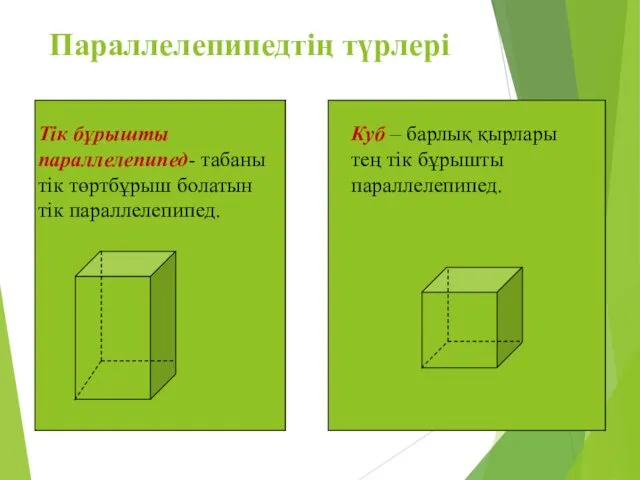 Параллелепипедтің түрлері Тік бұрышты параллелепипед- табаны тік төртбұрыш болатын тік